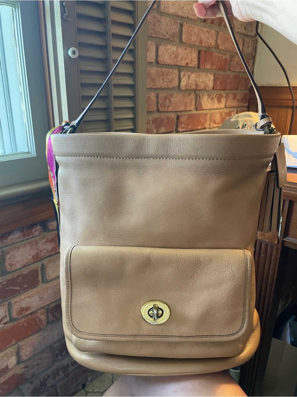 Coach Tan Leather Shoulder Bag with Gold Turn-Lock